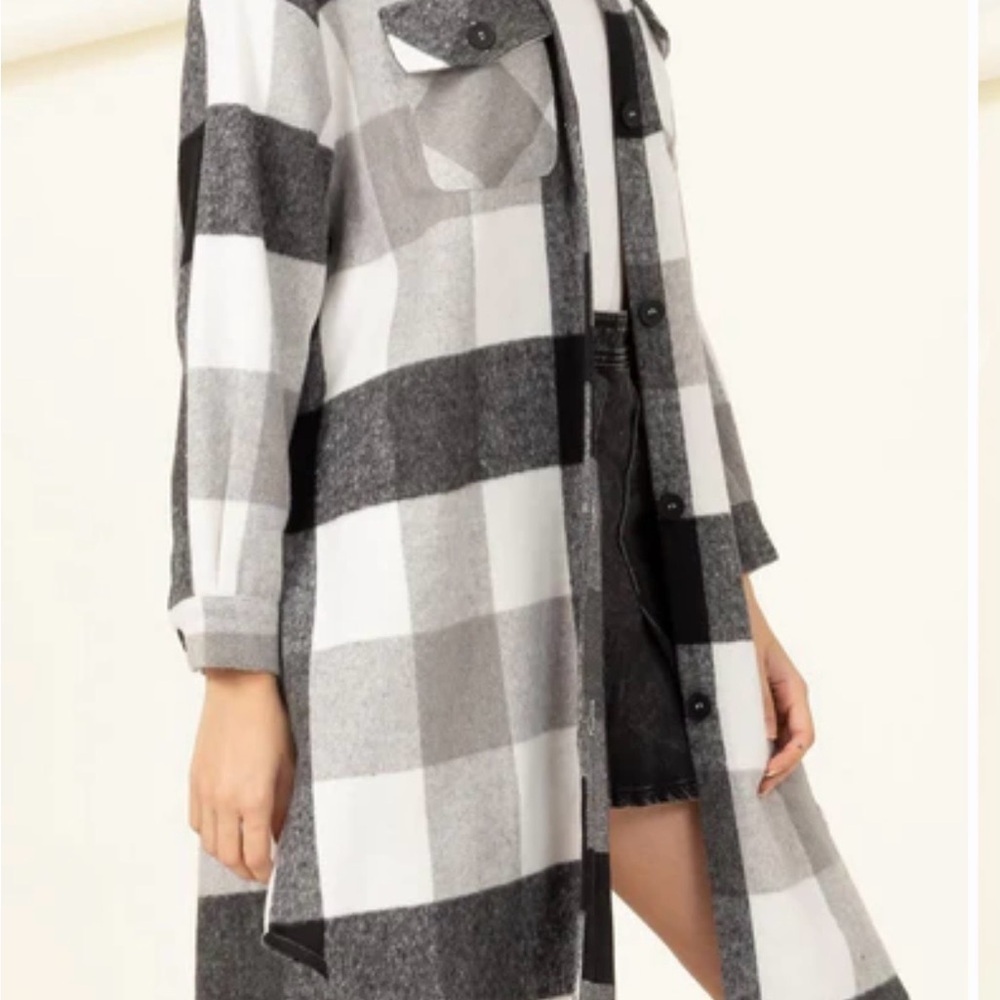Plaid Longline Shirt Jacket - Black and White
